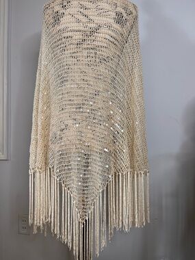 Echo Sequin Beaded Crochet Fringe Shawl in Cream